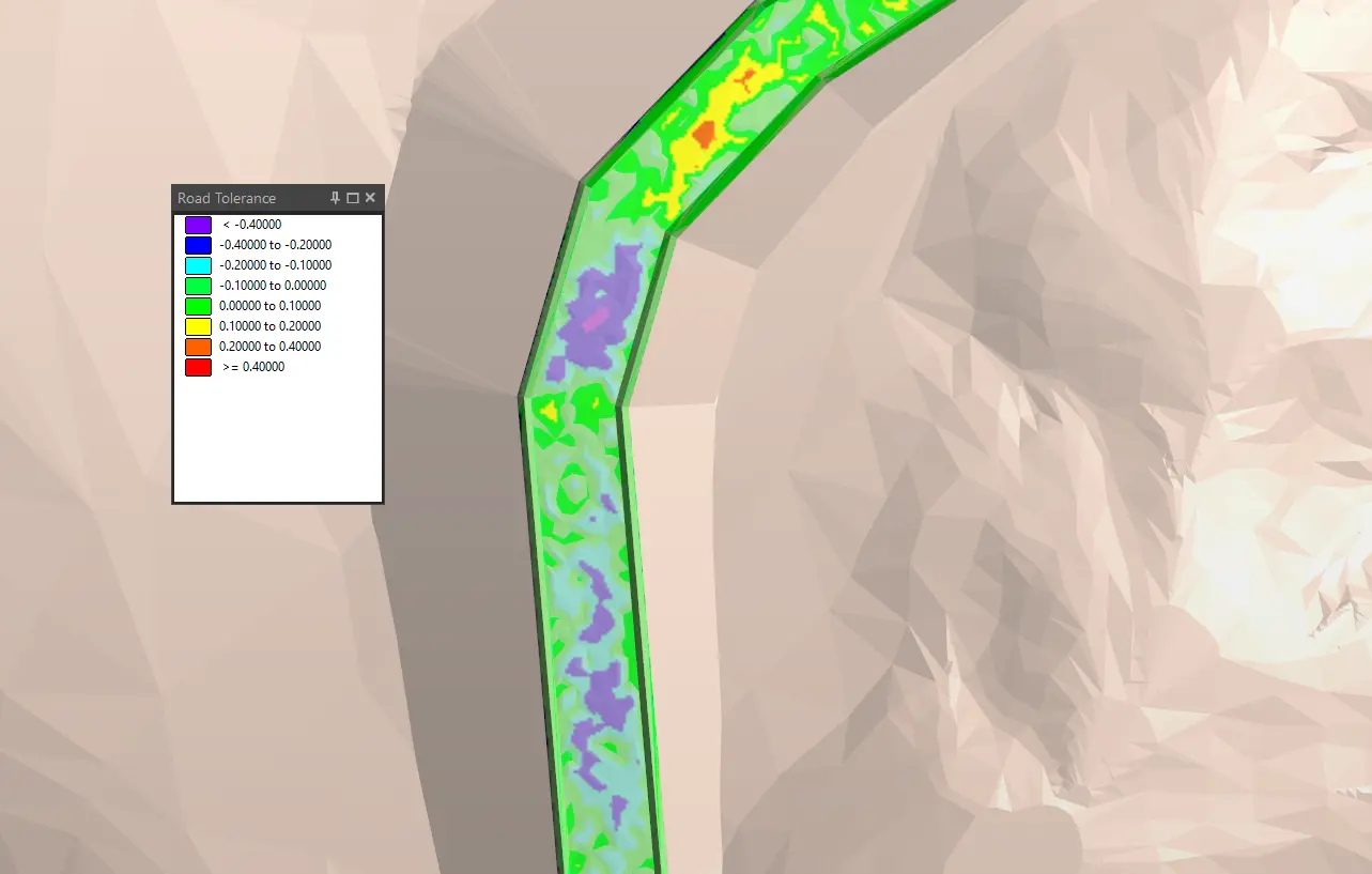 Haul road conformance heatmap showing differences between surveyed topography and the road design surface.