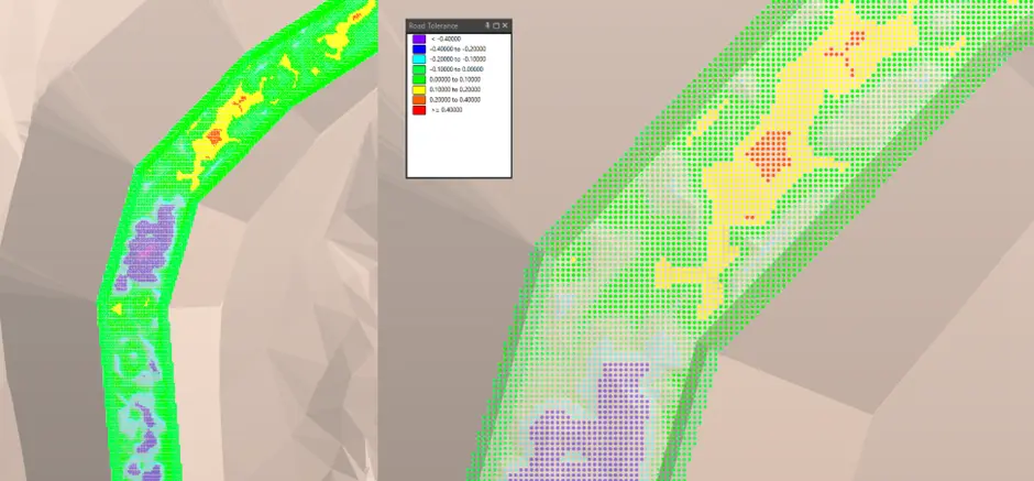 Micromine Beyond road conformance heatmap showing coloured points spreading apart when the view is zoomed in.