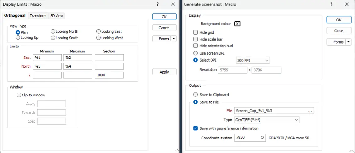 Micromine Beyond VXLIMITS and SCREENSHOT settings for exporting georeferenced GeoTIFF images.